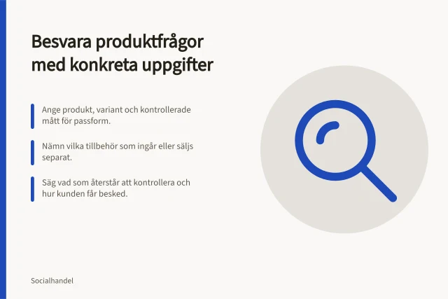 Besvara produktfrågor med konkreta uppgifter: Ange produkt, variant och kontrollerade mått för passform.; Nämn vilka tillbehör som ingår eller säljs separat.; Säg vad som återstår att kontrollera och hur kunden får besked. Besvara produktfrågor med konkreta uppgifter