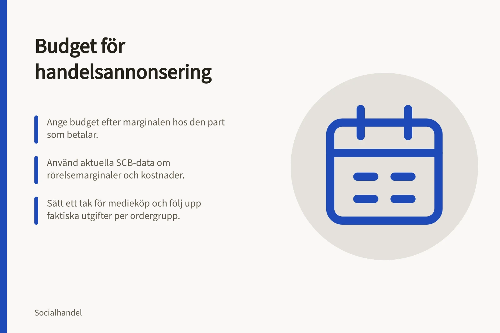 Budget för handelsannonsering: Ange budget efter marginalen hos den part som betalar.; Använd aktuella SCB-data om rörelsemarginaler och kostnader.; Sätt ett tak för medieköp och följ upp faktiska utgifter per ordergrupp.