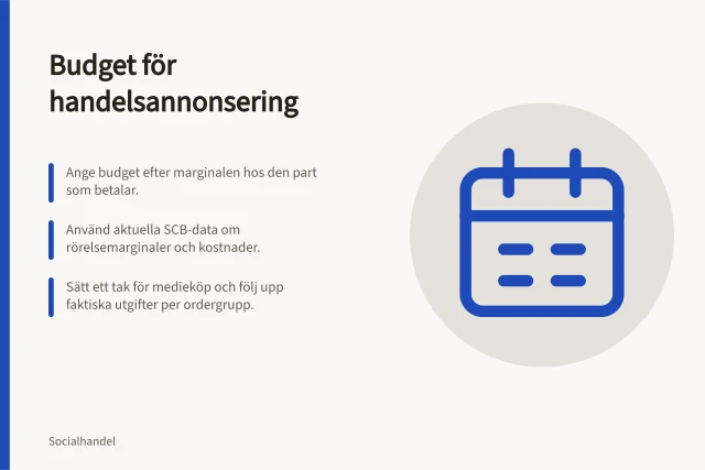 Budget för handelsannonsering: Ange budget efter marginalen hos den part som betalar.; Använd aktuella SCB-data om rörelsemarginaler och kostnader.; Sätt ett tak för medieköp och följ upp faktiska utgifter per ordergrupp. Budget och handelns marginaler