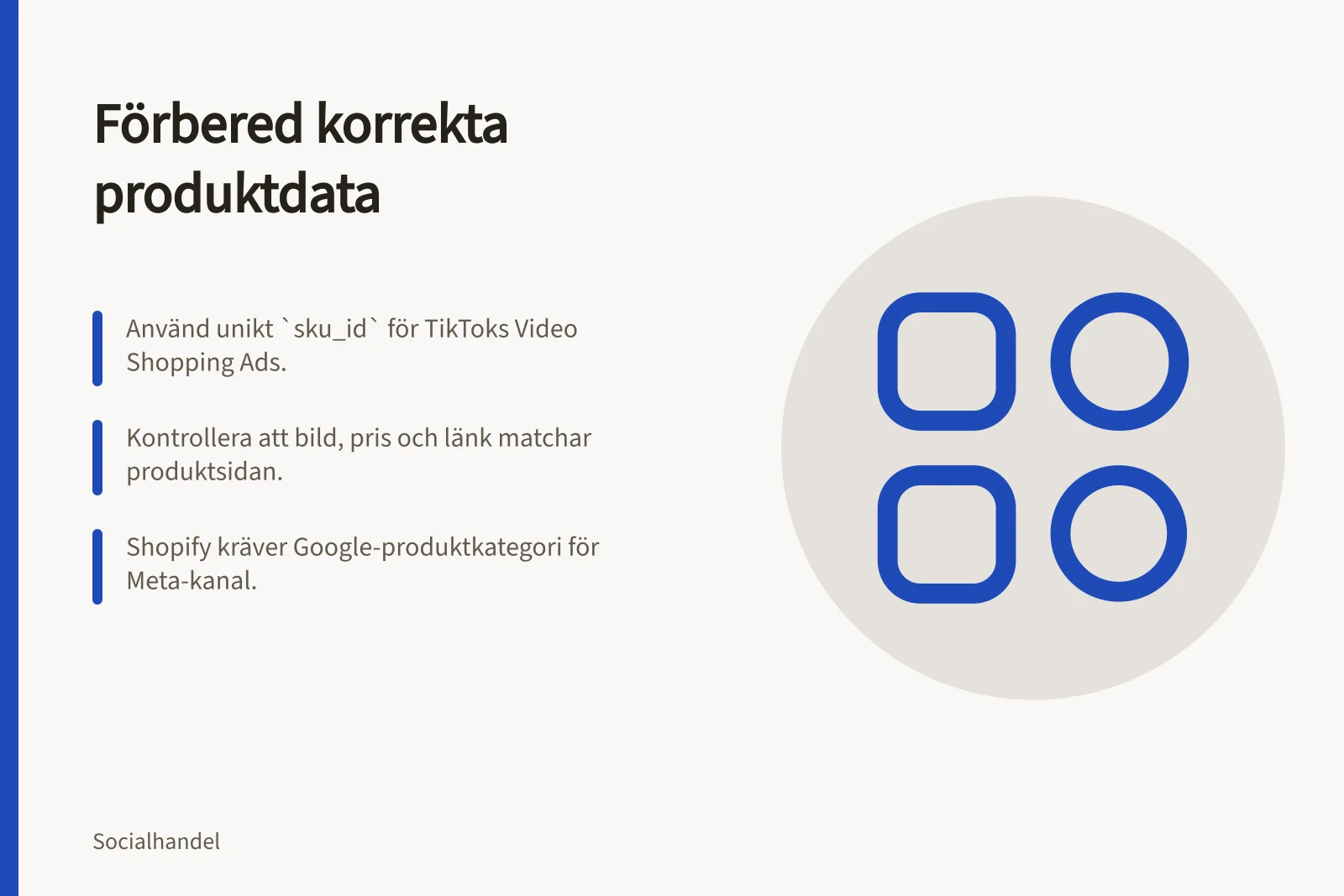 Förbered korrekta produktdata: Använd unikt `sku_id` för TikToks Video Shopping Ads.; Kontrollera att bild, pris och länk matchar produktsidan.; Shopify kräver Google-produktkategori för Meta-kanal.