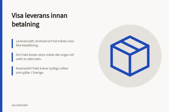 Visa leverans innan betalning: Leveranssätt, kostnad och tid måste visas före beställning.; Om frakt kostar extra måste det anges vid valet av alternativ.; Kostnadsfri frakt kräver tydliga villkor som gäller i Sverige. Förklara leverans innan kunden betalar