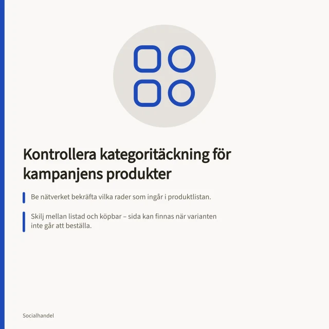 Kontrollera kategoritäckning för kampanjens produkter: Be nätverket bekräfta vilka rader som ingår i produktlistan.; Skilj mellan listad och köpbar – sida kan finnas när varianten inte går att beställa.; Begär fyra besked per produkt: sortiment, annonsbehörighet, placering och rapportering. Kontrollera nätverkets kategoritäckning