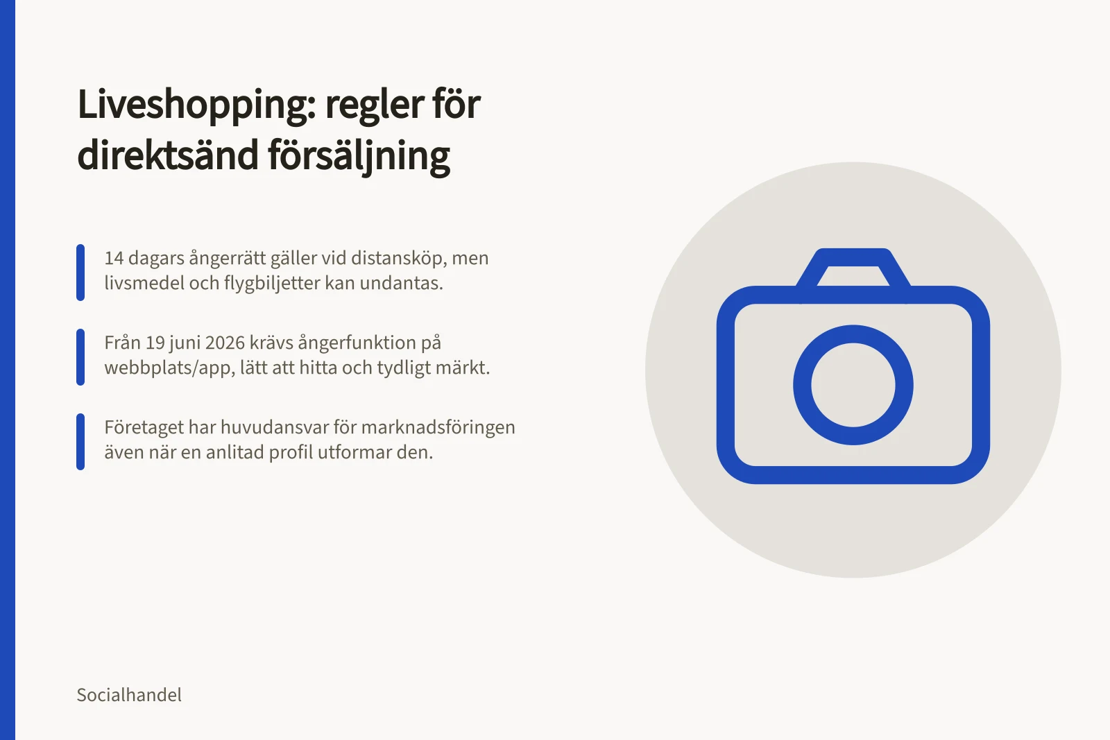 Liveshopping: regler för direktsänd försäljning: 14 dagars ångerrätt gäller vid distansköp, men livsmedel och flygbiljetter kan undantas.; Från 19 juni 2026 krävs ångerfunktion på webbplats/app, lätt att hitta och tydligt märkt.; Företaget har huvudansvar för marknadsföringen även när en anlitad profil utformar den.