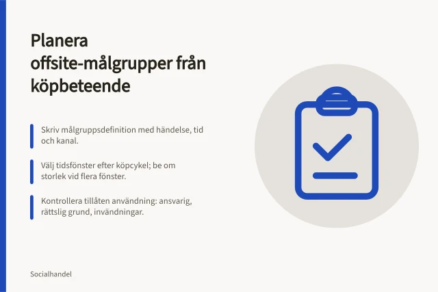 Planera offsite-målgrupper från köpbeteende: Skriv målgruppsdefinition med händelse, tid och kanal.; Välj tidsfönster efter köpcykel; be om storlek vid flera fönster.; Kontrollera tillåten användning: ansvarig, rättslig grund, invändningar. Planera offsite-målgrupper från dokumenterat köpbeteende