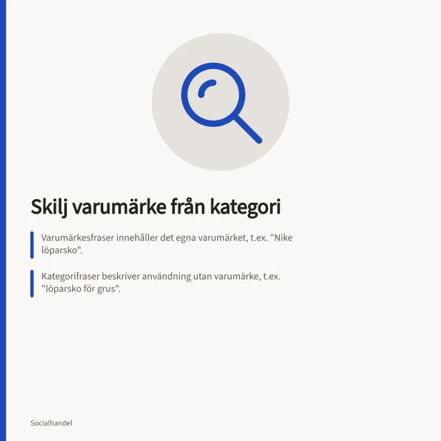 Skilj varumärke från kategori: Varumärkesfraser innehåller det egna varumärket, t.ex. "Nike löparsko".; Kategorifraser beskriver användning utan varumärke, t.ex. "löparsko för grus".; Blandade fraser är svåra att sortera, t.ex. "Nike löparsko för grus". Skilj varumärkessökningar från kategorisökningar