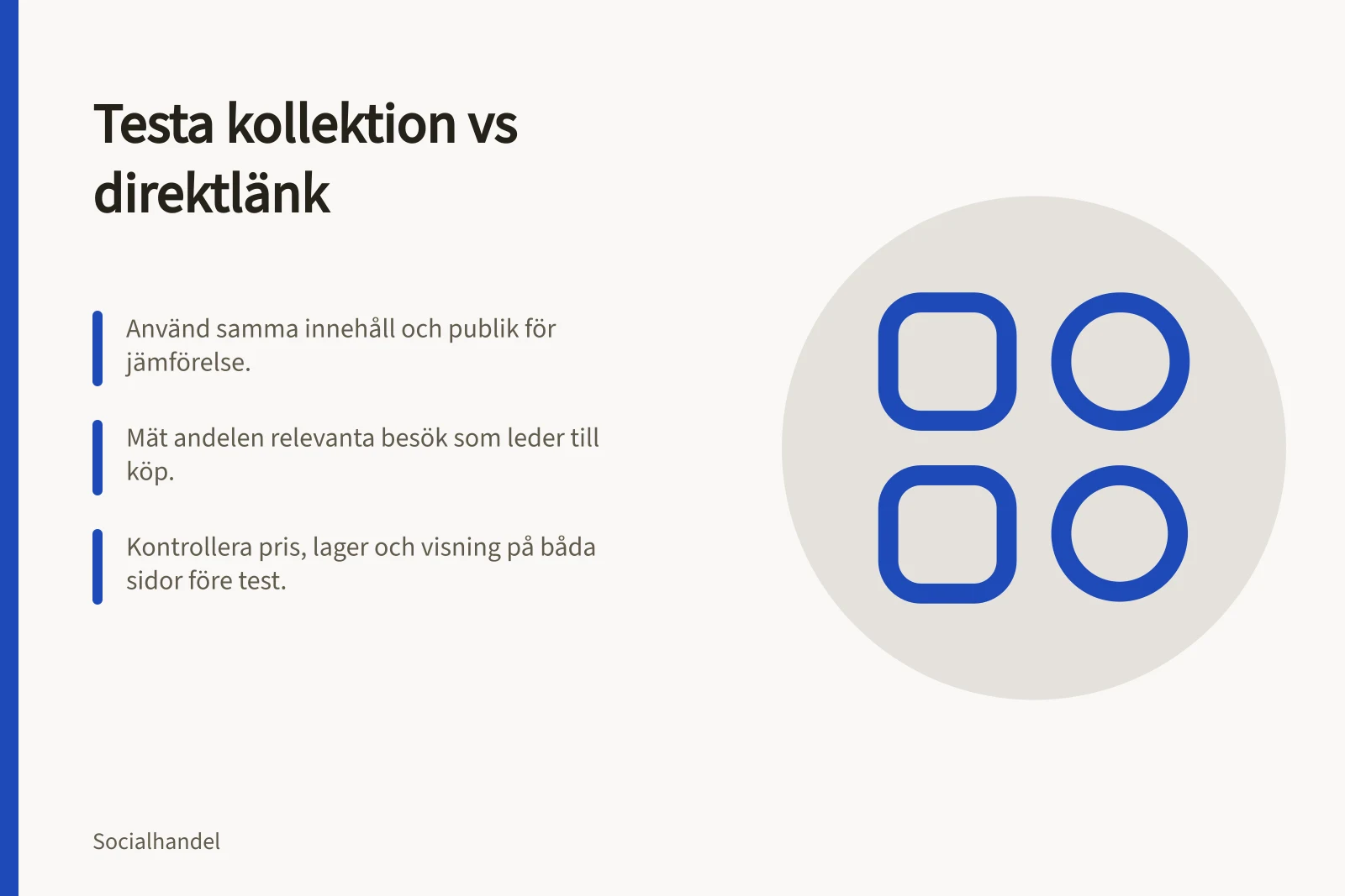Testa kollektion vs direktlänk: Använd samma innehåll och publik för jämförelse.; Mät andelen relevanta besök som leder till köp.; Kontrollera pris, lager och visning på båda sidor före test.