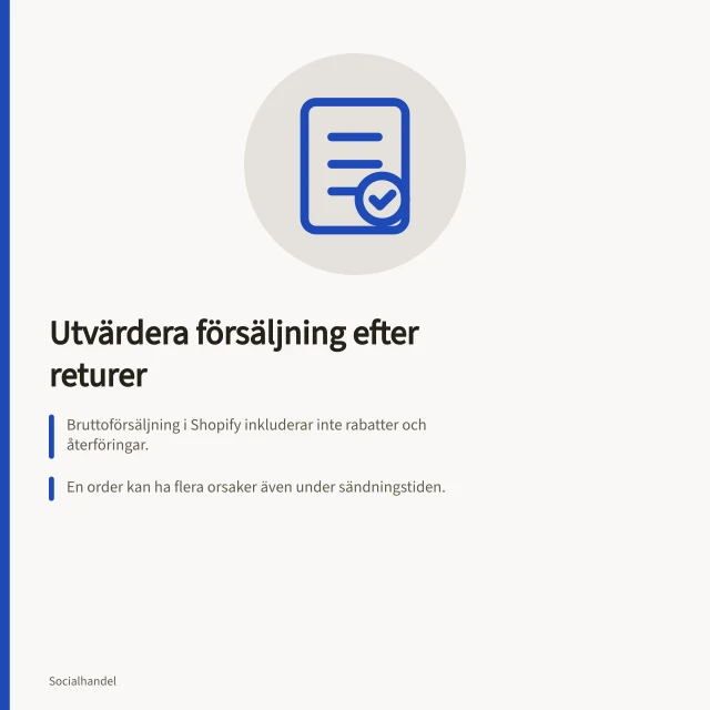 Utvärdera försäljning efter returer: Bruttoförsäljning i Shopify inkluderar inte rabatter och återföringar.; En order kan ha flera orsaker även under sändningstiden.; Kostnader måste räknas in för korrekt lönsamhet. Utvärdera försäljning efter returer och kostnader
