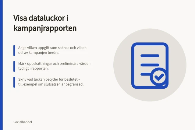 Visa dataluckor i kampanjrapporten: Ange vilken uppgift som saknas och vilken del av kampanjen berörs.; Märk uppskattningar och preliminära värden tydligt i rapporten.; Skriv vad luckan betyder för beslutet – till exempel om slutsatsen är begränsad. Visa dataluckor i kampanjrapporten